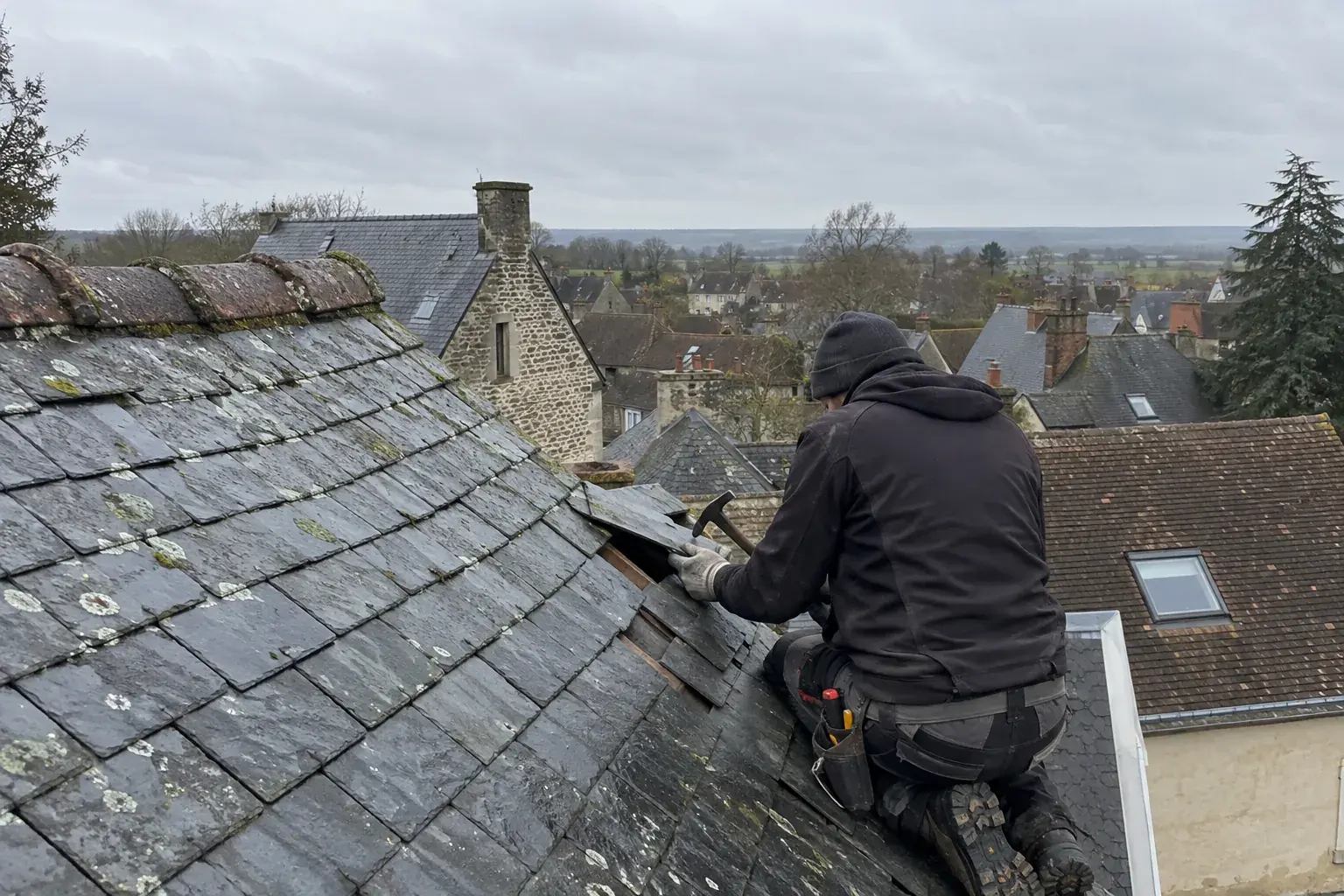Couvreur de dos remplaçant une ardoise sur un toit ancien, les toits d’un bourg et la plaine en arrière-plan, par temps couvert